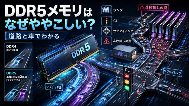 DDR5メモリはなぜややこしいのか？「道路と車」で全貌がわかる、サブチャネル・ランク・CL・4枚挿しの罠